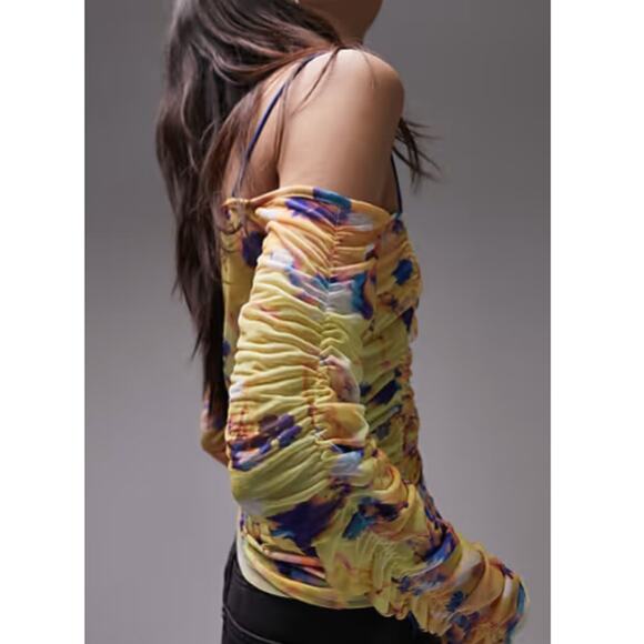 NEW TOPSHOP NORDSTROM Multicolor Printed Long Sleeve Ruched Top Size 4-6 - Picture 4 of 9